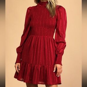 Lulus Heartful Romance Burgundy Striped Smocked Long Sleeve Mini Dress
